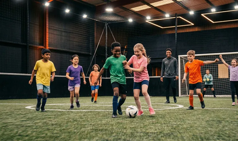 Enfants jouant au football en salle lors d'un anniversaire chez AJ2Sport