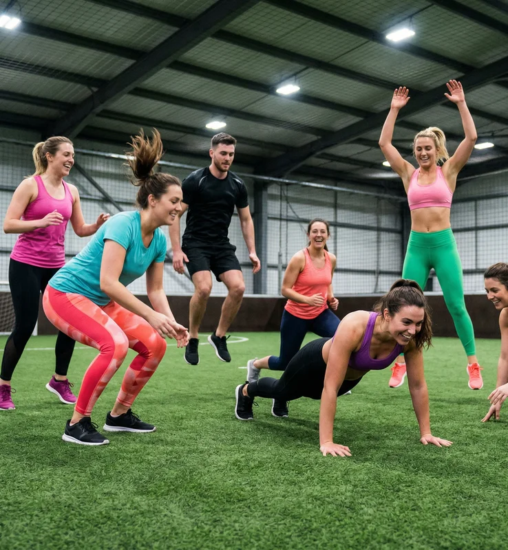  Groupe en plein cours de Hit Cardio sur gazon synthétique intérieur