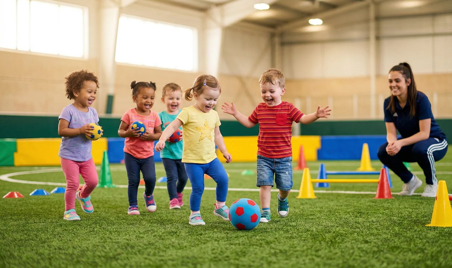 Tout-petits en séance d'éveil footballistique sur terrain indoor AJ2Sport
