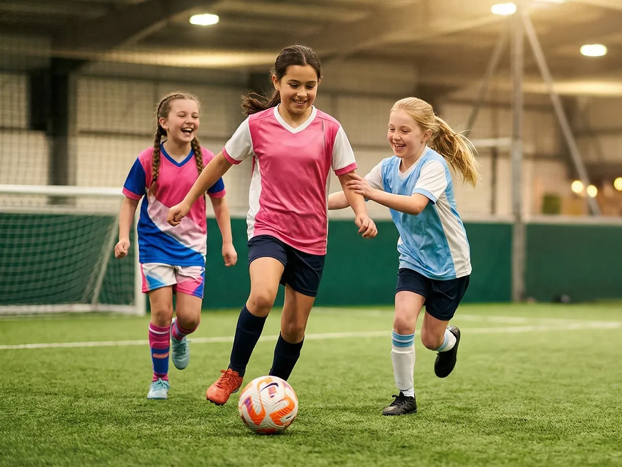 Jeunes filles jouant au football en salle chez AJ2Sport