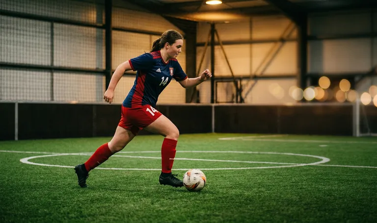 Joueuse de football féminin en action sur terrain indoor J2Sport