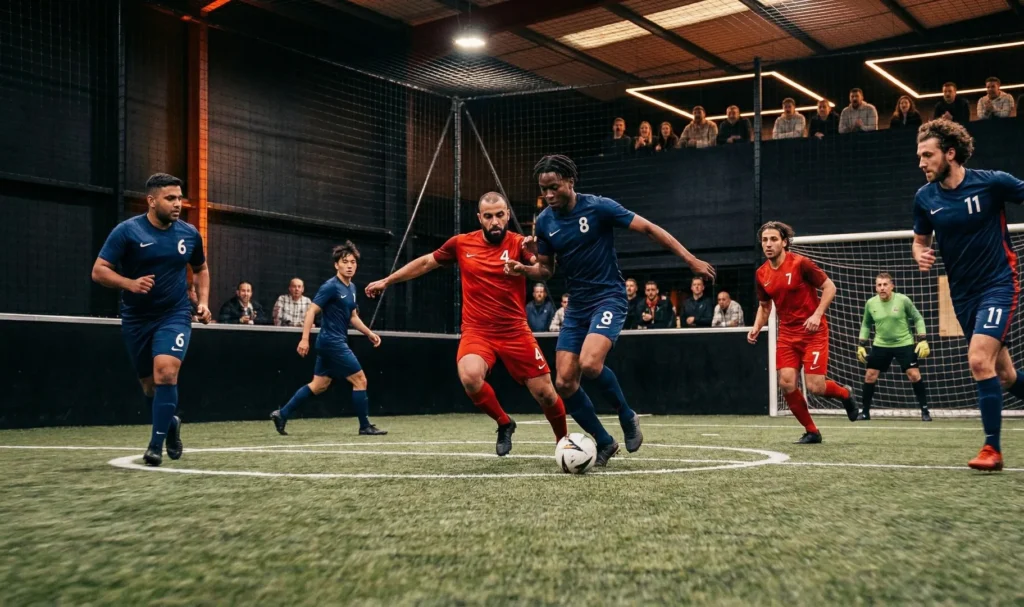 Match de football five en salle entre adultes sur terrain synthétique